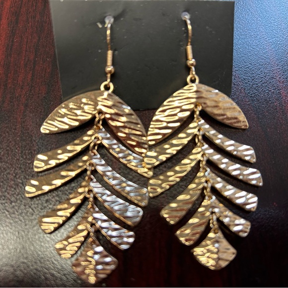 Gold Leaf Drop Earrings With Hook Back - Picture 2 of 5
